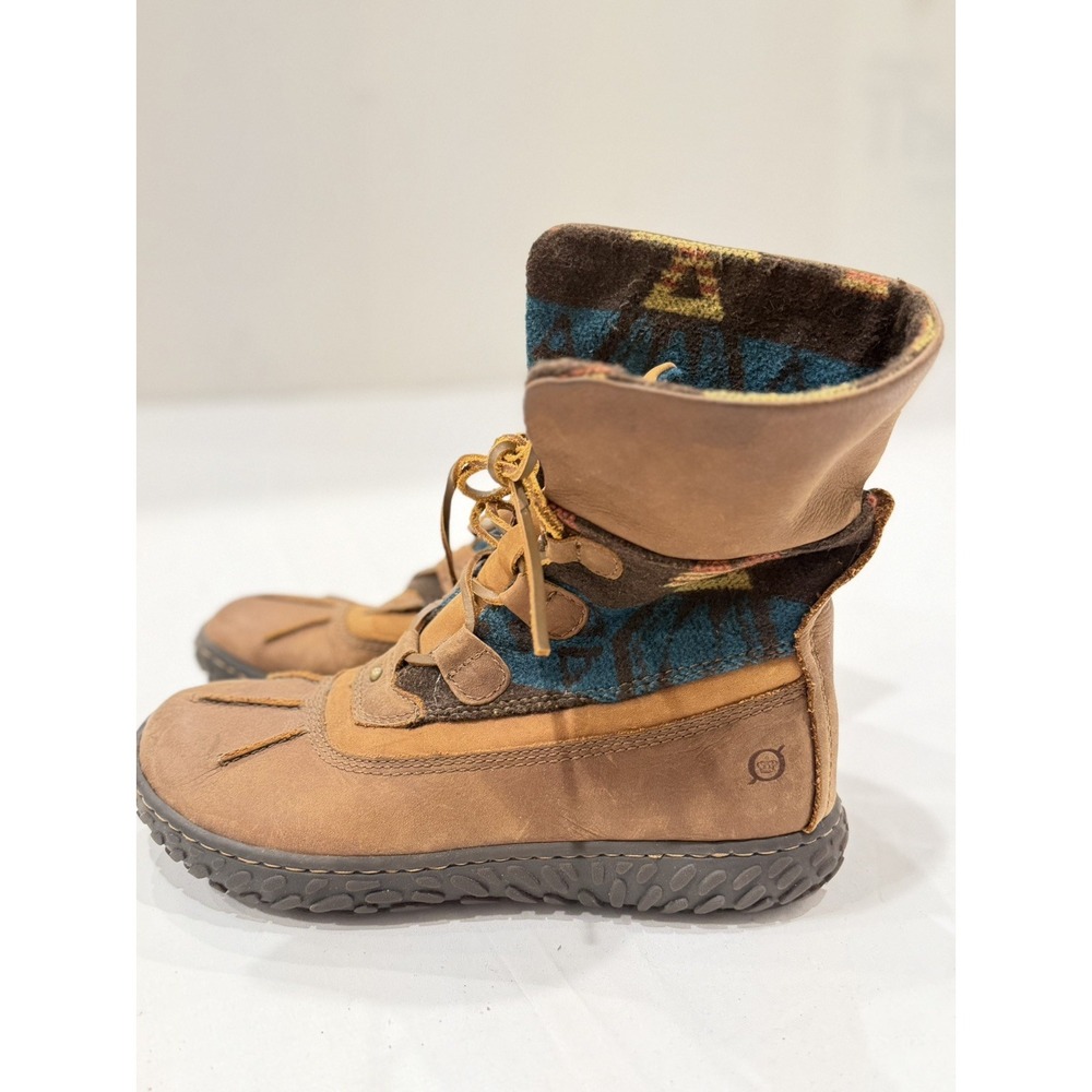 BORN Women's sz 7.5  Kelisa Brown Leather Indian Blanket Boots Lace-Up Fold-Over
